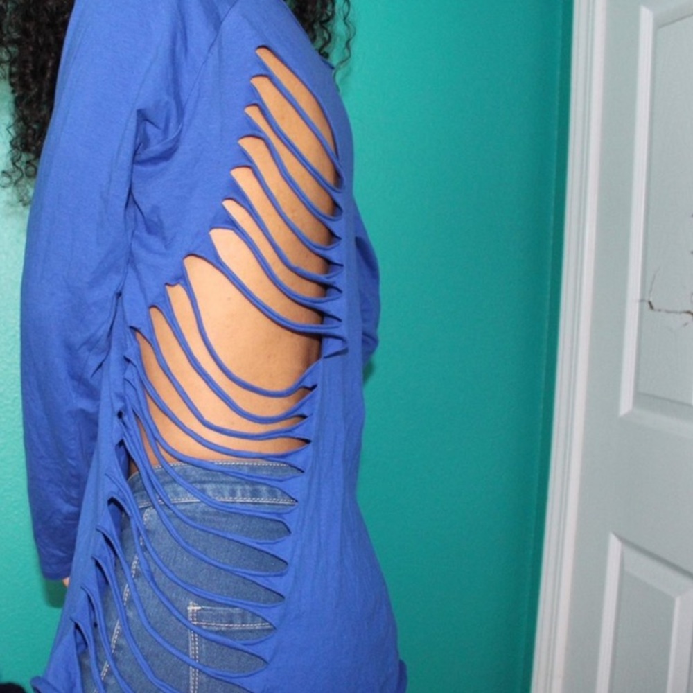 blue long sleeve with cutout design